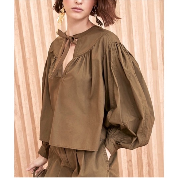 Ulla Johnson Tops - ULLA JOHNSON Delaney Balloon Sleeve Poplin Cotton Blouse in Olive Green Size 0